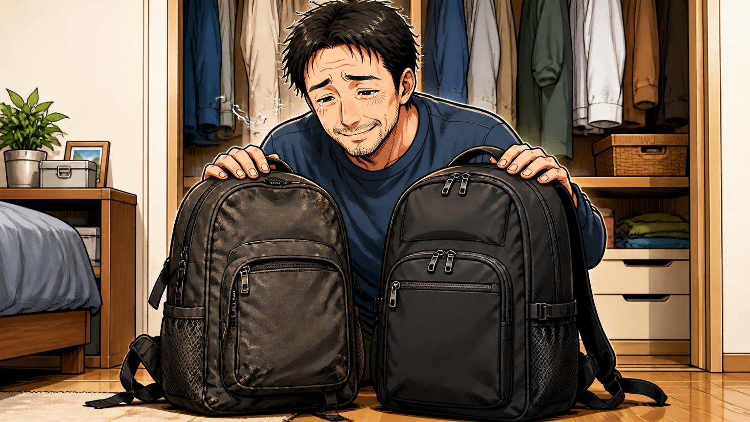 「6年使ってリピ買い」長く使った人ほど評価が高い、自宅のクローゼットの前で古いリュックと新しいリュックを並べる40代男性1人が懐かしむ場面