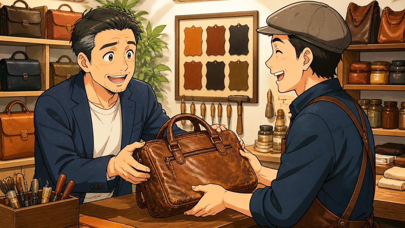 修理と店舗の違い、革工房の修理カウンターで使い込んだ革バッグを職人に手渡してほっとした表情の40代男性と職人の2人