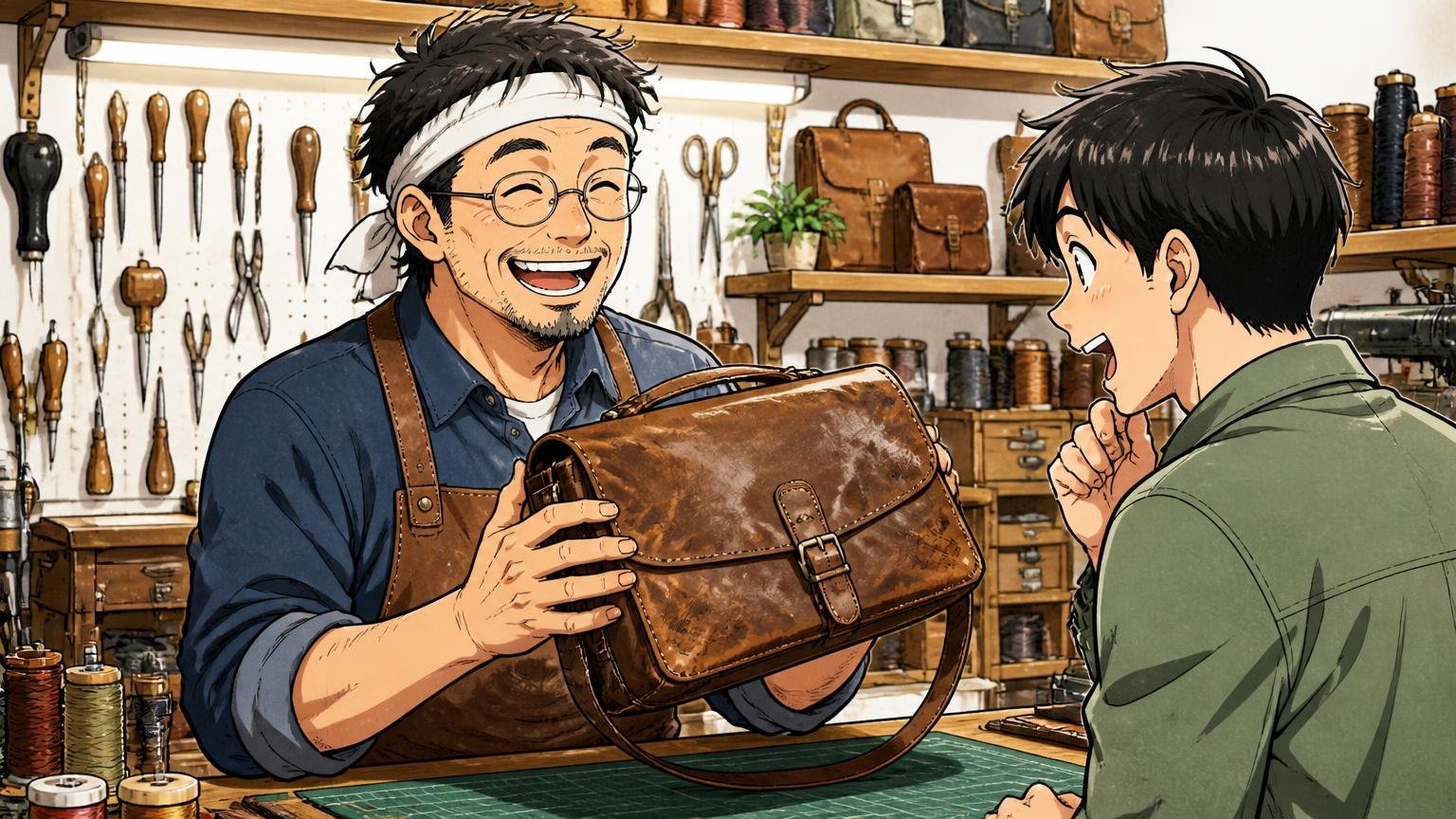 理由④自社工場で修理まで行う長く使う前提 革工房で職人が使い込んだバッグを手に取り客と笑顔で話す場面