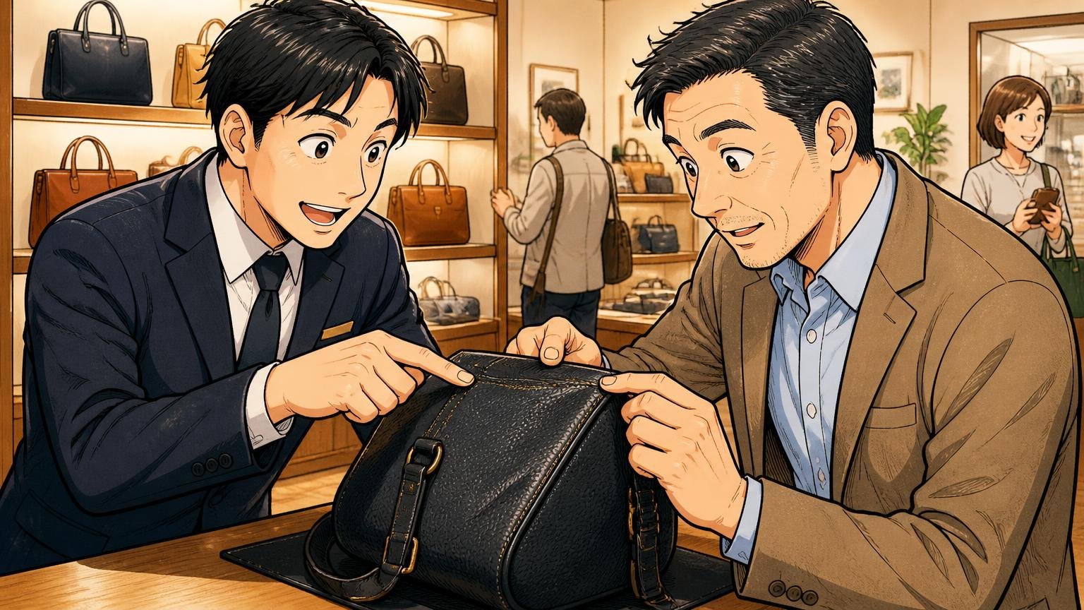 直営店40店舗超と、修理・ケアの体制 ショップのカウンターで店員と40代男性がバッグの縫い目を一緒に確かめる場面