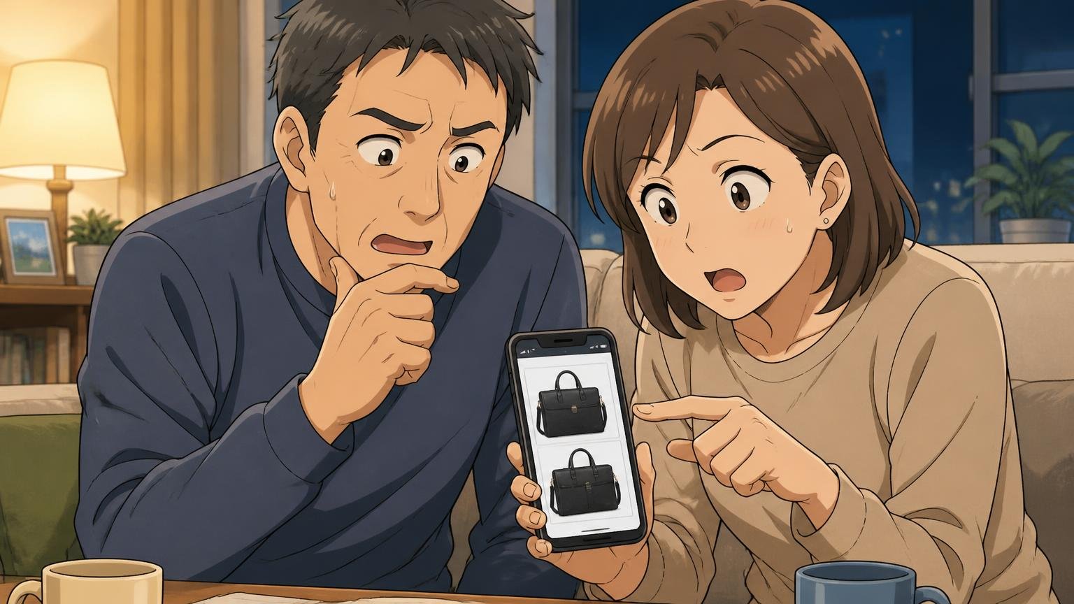 価格の違い:A4ビジネスバッグはどちらも6万〜7万円台が中心 夜のリビングでスマホの価格表を見比べる場面、40代の夫婦2人が相談している