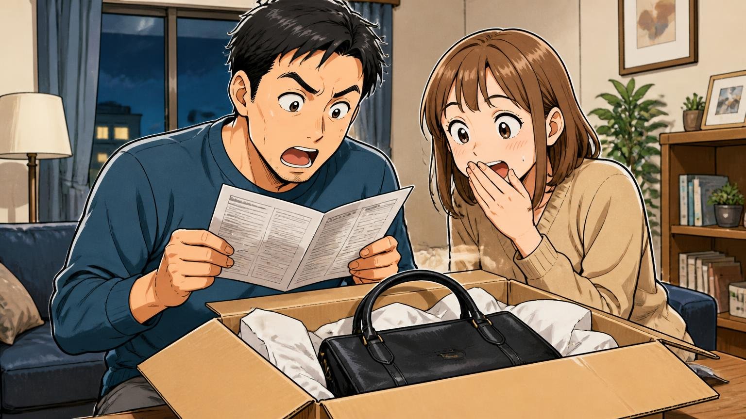 返品は到着後1週間未使用だけで送料は5万円以上で無料。夜のリビングで届いたバッグの箱を開けて説明書を読む夫婦2人の場面