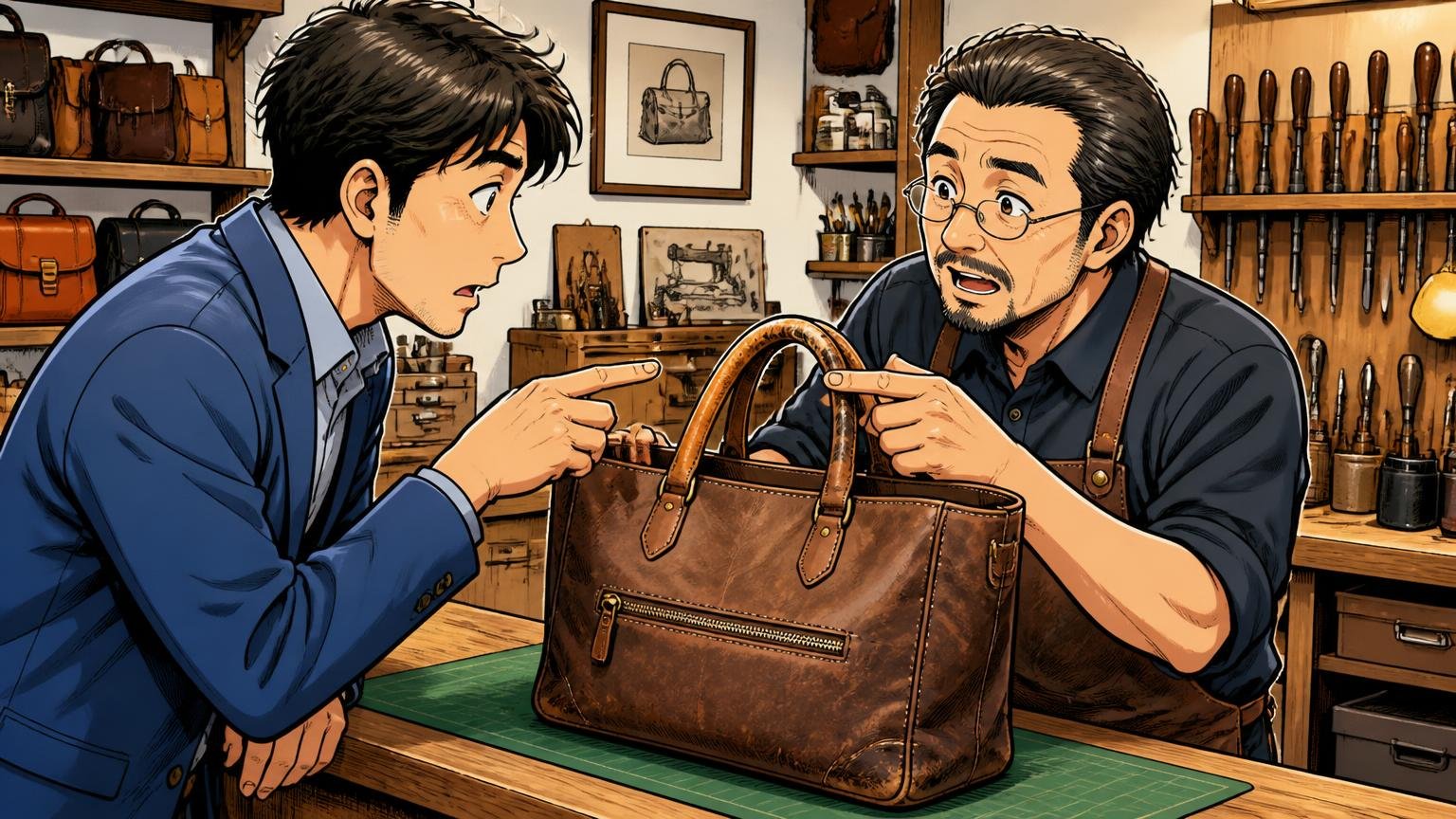 傷んでも修理して使い続けられる 革製品の修理工房のカウンターでバッグを預ける場面 40代男性1人と職人1人が持ち手を指さす