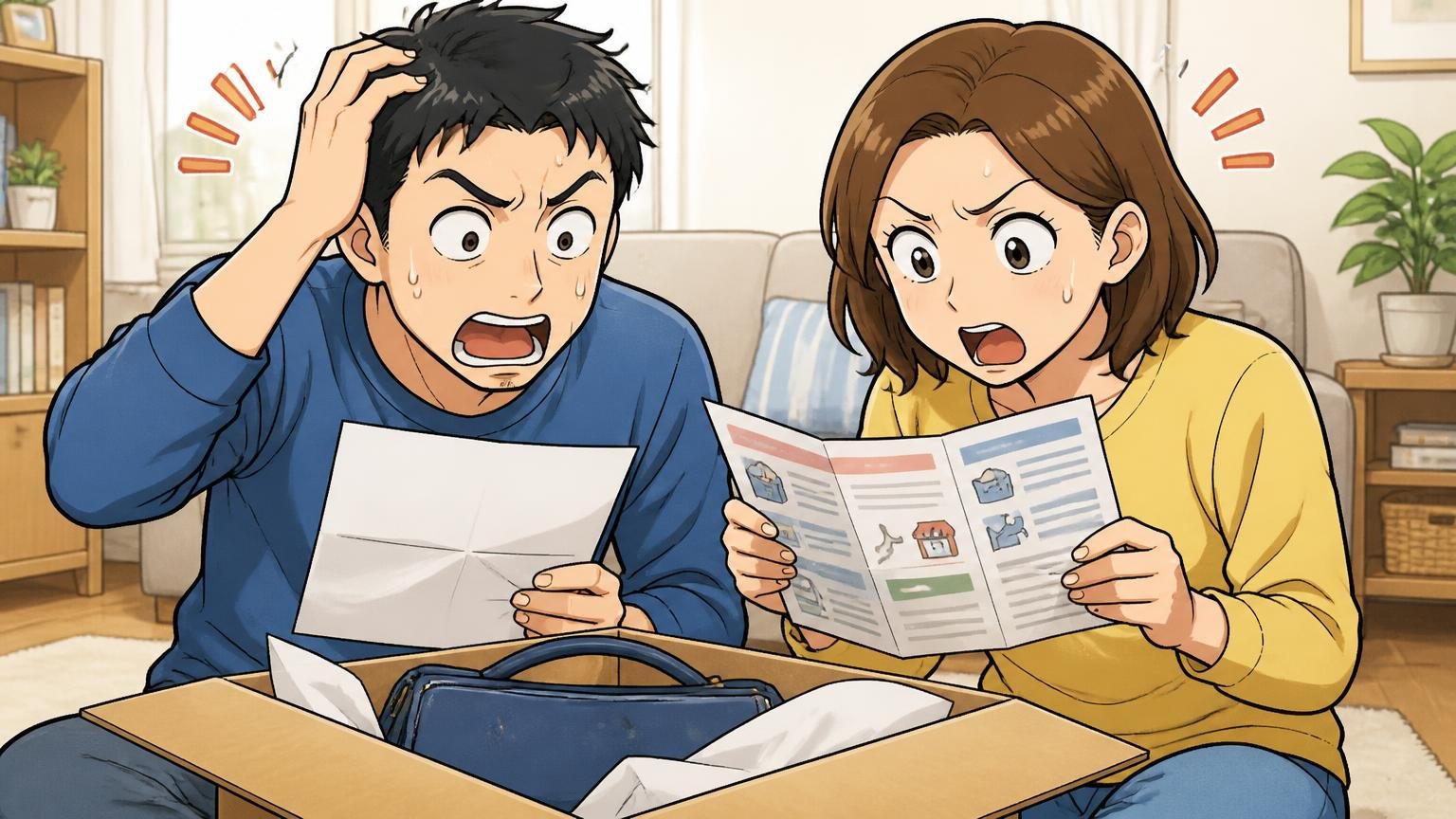 返品の条件は買う店で違う、修理は購入店に確認が必要 自宅のリビングで届いた鞄の箱と返品案内を見比べる夫婦2人
