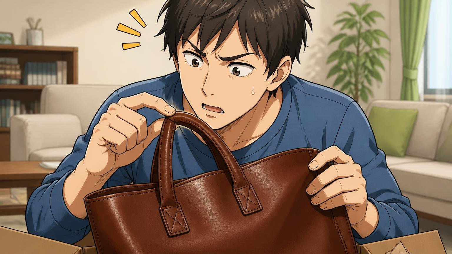 原因⑤ 新品の革の硬さと、持ち手の"作り" 自宅のリビングで届いたばかりの硬い革トートの持ち手を指で確かめる男性1人