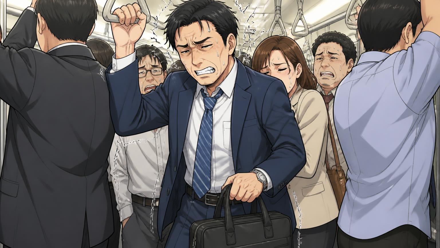 正体⑤持ち方｜同じ1kgでも疲れ方はまるで違う、満員の通勤電車でバッグを片手に提げる場面、40代男性1人が疲れた顔で耐える