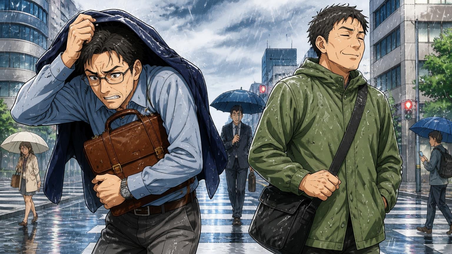 雨の日と手入れの違い：気楽さか、育てる楽しさか。雨の交差点で革のバッグを上着でかばう40代男性と、平然とナイロンを持つ男性の2人