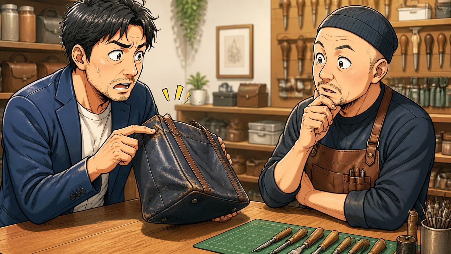 修理・アフターケアの違い:どちらも「使う限り直す」が前提 工房のカウンターで角の擦れたバッグを職人に見せる場面、40代男性1人と職人1人が話す