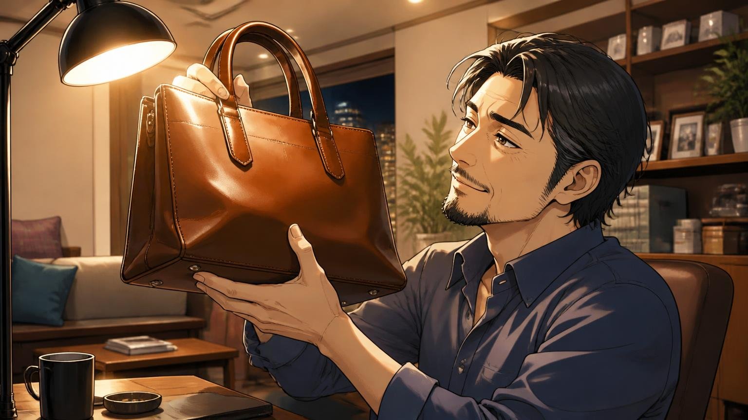 使うほど艶が出て、手になじんでいく 夜のリビングで照明に革バッグをかざす場面 40代男性1人がうっとりと革の艶を見つめる