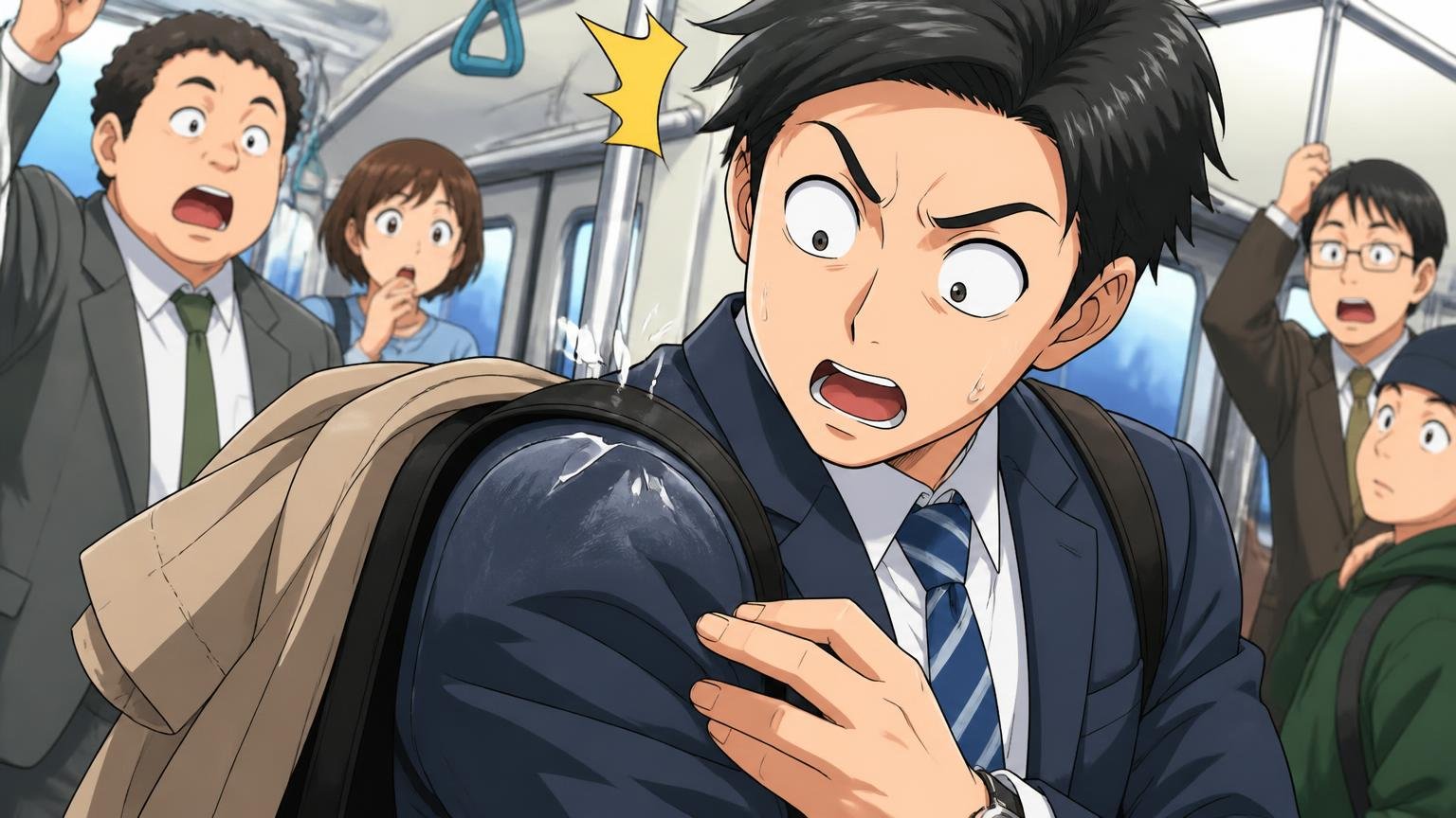 スーツにカジュアル素材を合わせ肩掛けで擦る｜通勤電車でスーツの肩のテカリに気づき男性が目を見開く場面