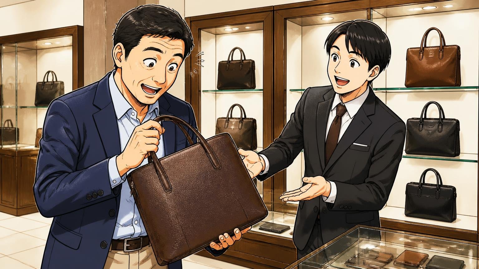 買い方の違い:店舗・納期・返品・送料 直営店のショーケース前で革バッグを試し持ちする場面、40代男性1人と店員1人が話す