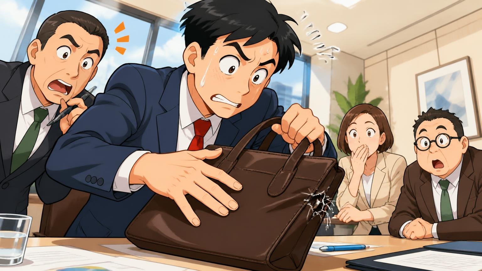 「本革」の2文字だけで選び安っぽく見える｜商談の席で糸がほつれた革トートを隠そうと男性が焦る場面