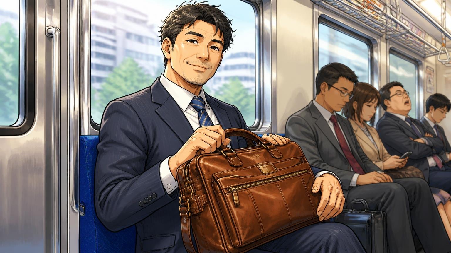 良い口コミ｜厚い革と細かいポケットが「8年使える」安心感に、通勤電車の座席で使い込んだ革バッグを膝に置き誇らしげに微笑む40代男性1人