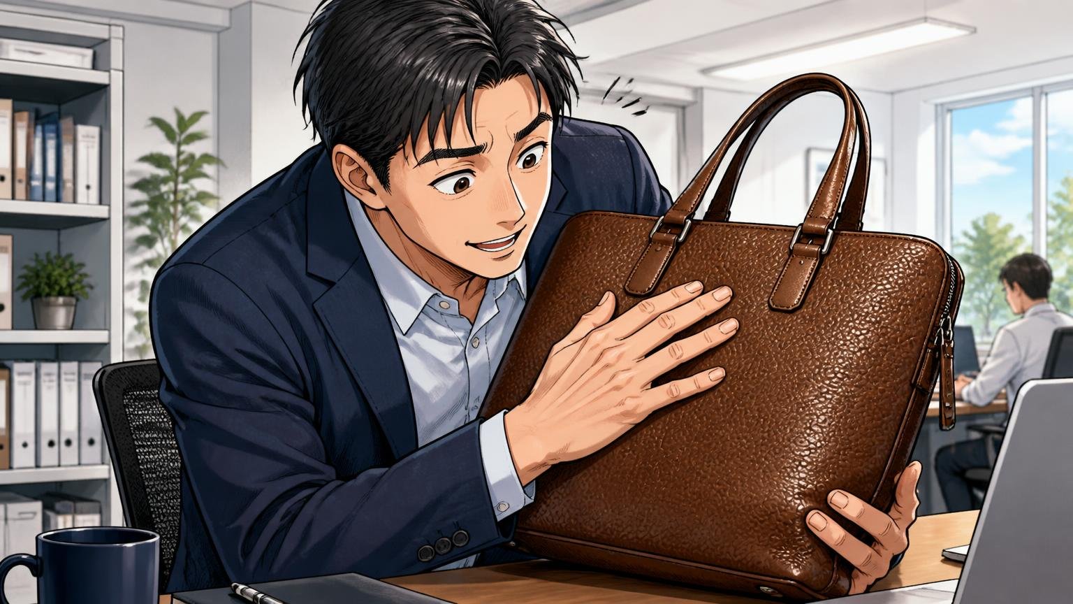 アニアリの革はクロムなめし×シボ加工が中心で「傷に強く、色が豊か」、オフィスで革バッグの表面をなでて感心する男性1人