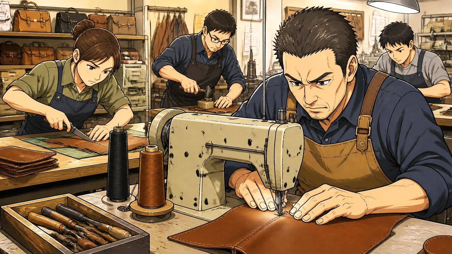 創業85年、大阪の自社工場から生まれる日本製 革工房で職人たちがミシンと裁断台に向かい真剣に作業する場面