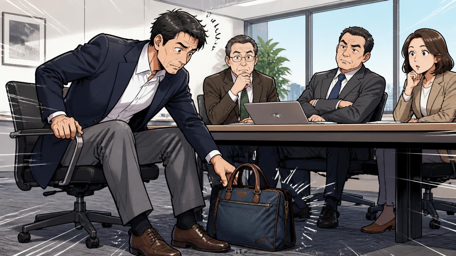 見え方を決めるのは年齢ではなく「場面と服装」、オフィスの会議室で商談相手と向き合う40代男性が足元のバッグを気にする場面