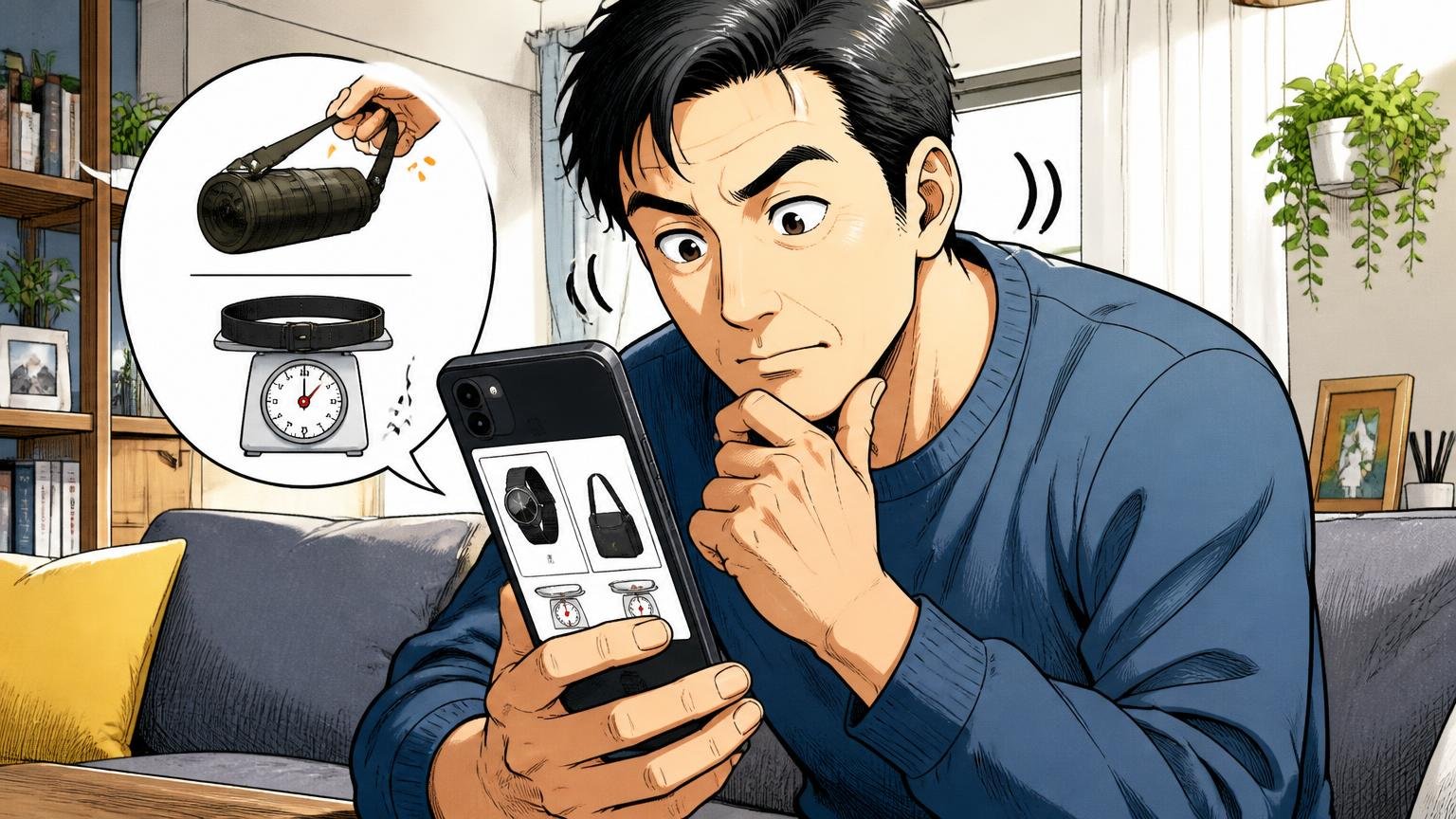 本体重量は「手持ち1kg前後」を基準に、ベルト込みで確認する、自宅でスマホの商品ページを見比べる場面、40代男性1人が真剣にうなずく