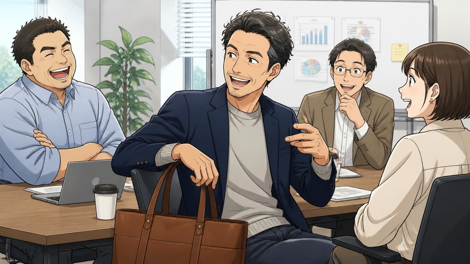似合うのは「きれいめカジュアル」と「物語を話せる場面」 オフィスカジュアルの社内会議で革のトートを置く40代男性が同僚と談笑する場面