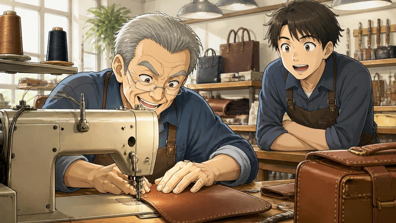 どちらも60年以上続く日本の老舗ブランド。明るい鞄工房で職人がミシンで革を縫い、それを見守る若い職人の2人