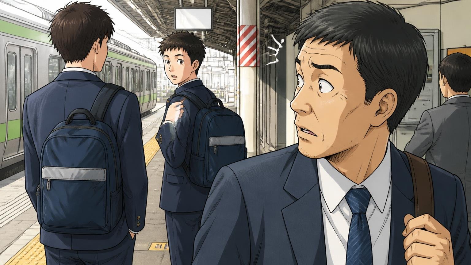 理由① 10代・20代の定番だった「学生のイメージ」が残っている|駅のホームで学生と同じバッグに気づく場面、40代男性1人が二度見する