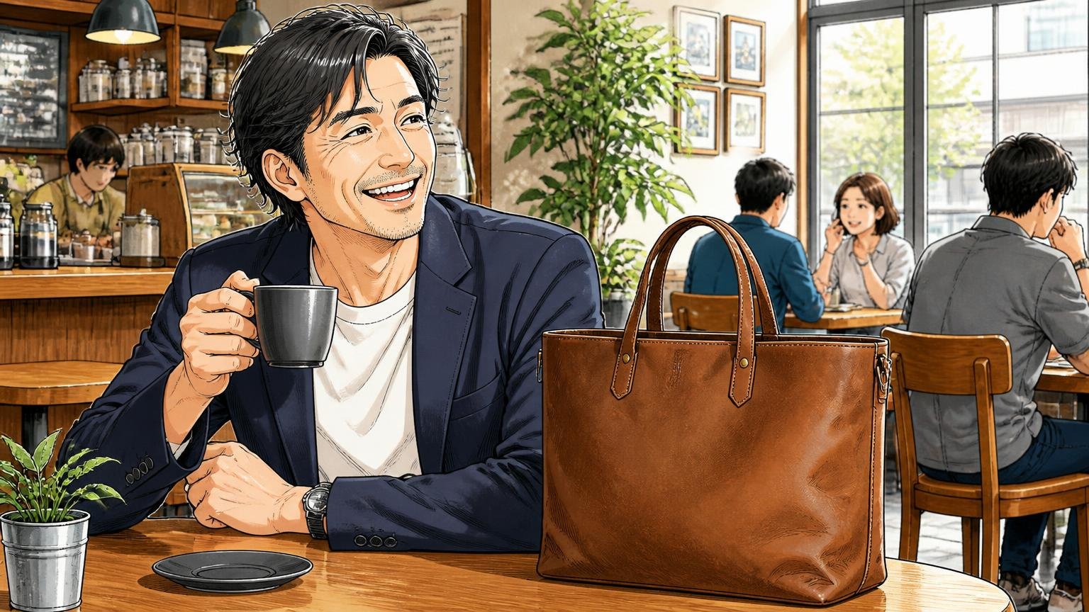 向いている人|休日や私服勤務で、革を育てる時間まで楽しみたい人、休日のカフェで革トートを置いた40代男性1人が笑う場面