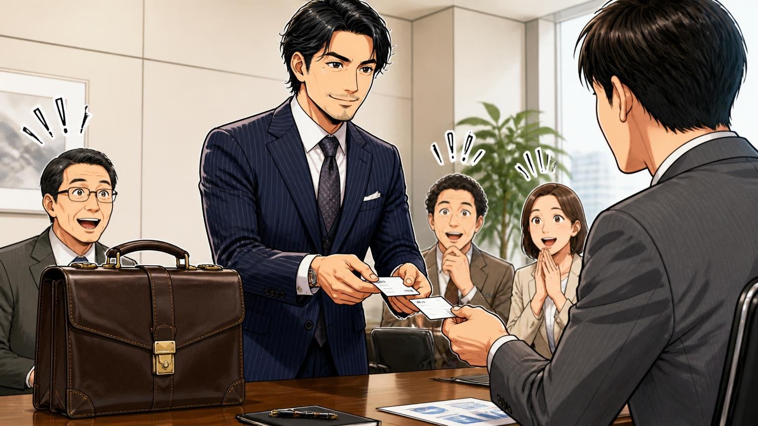 向いている人:格式ある一本を、直しながら長く使いたい40代 商談の会議室で机にダレスバッグを置き堂々と名刺交換する40代男性の場面