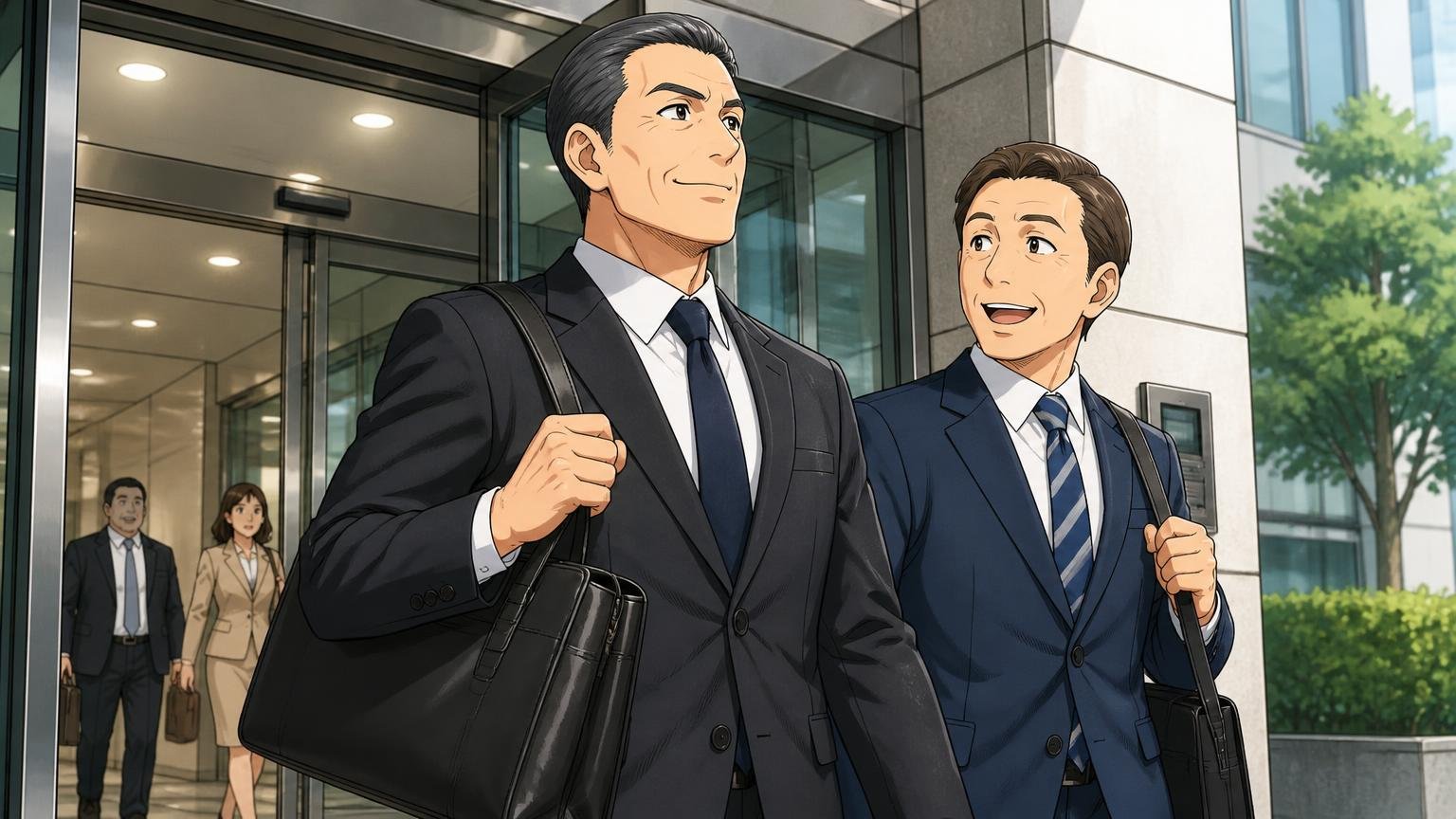 向いている人:スーツ中心でロゴを主張したくない40代 朝のオフィスの入口で無地の黒い革バッグを持ち胸を張る40代男性と同僚の2人