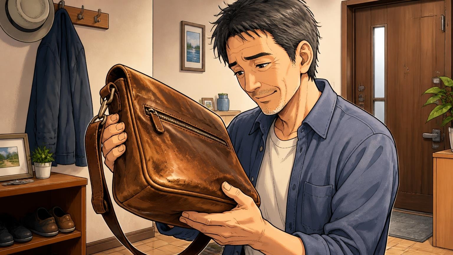 「14年毎日使って、また同じものを買った」という長期使用の声 自宅の玄関で使い込んだ革ショルダーを見つめる50代男性1人 懐かしむ表情