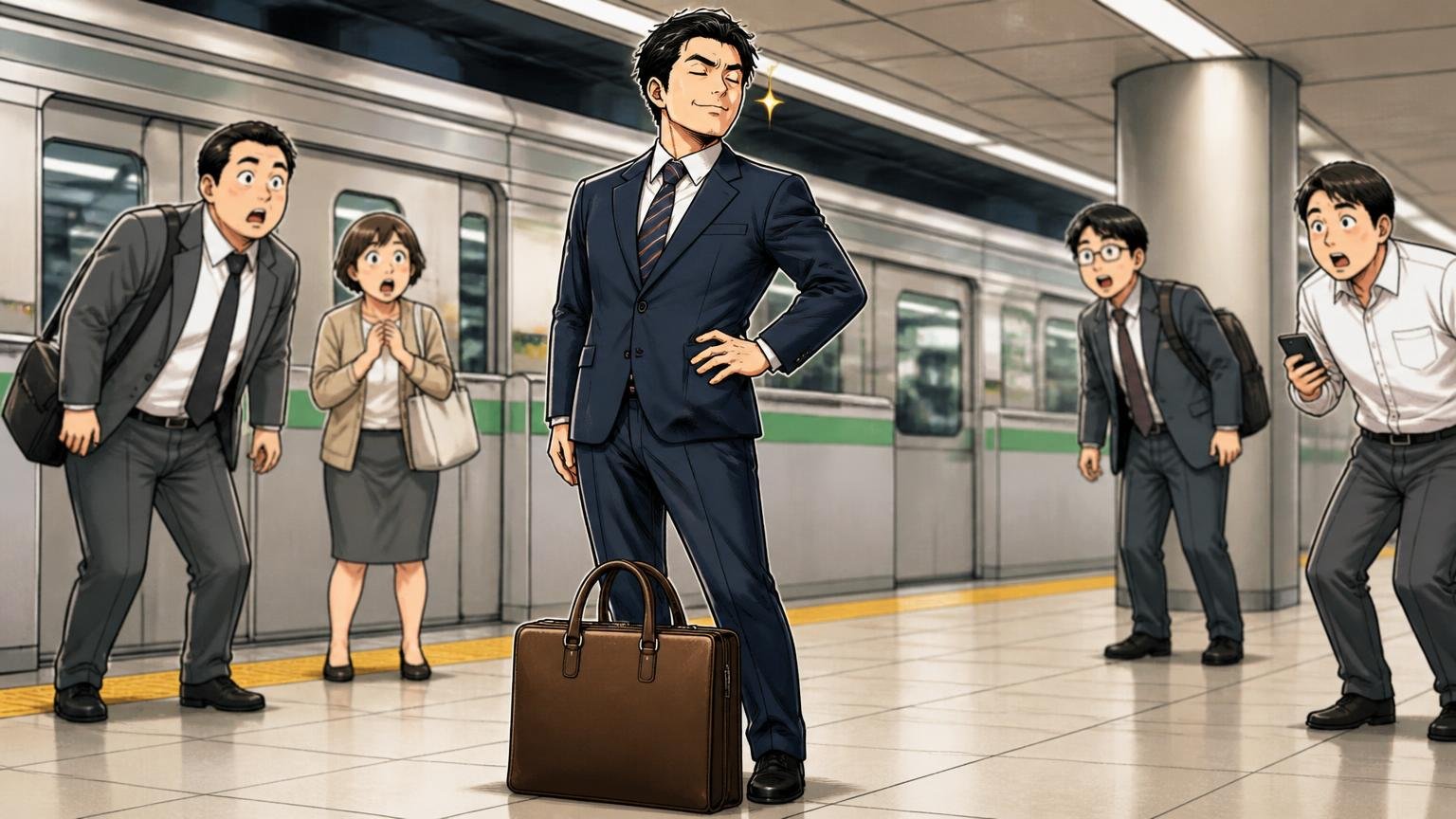 「空でも満載でも自立する」作りの丈夫さを評価する声　通勤電車のホームで男性が革のビジネスバッグを足元に立てて置き満足げな場面