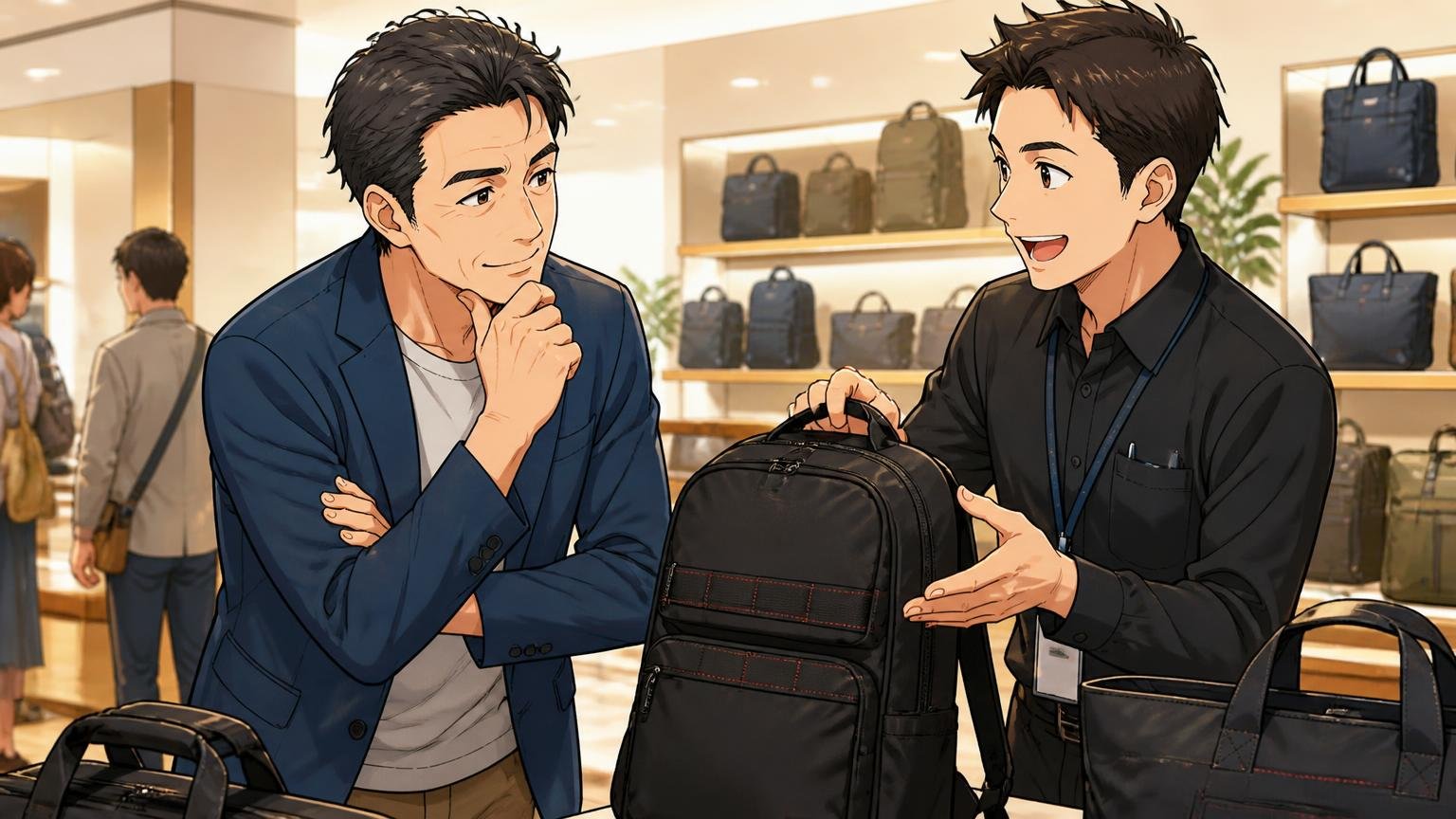 運営はBRIEFINGと同じ株式会社ユニオンゲートグループ 百貨店のバッグ売り場で、店員から説明を受けてうなずく40代男性と店員の2人