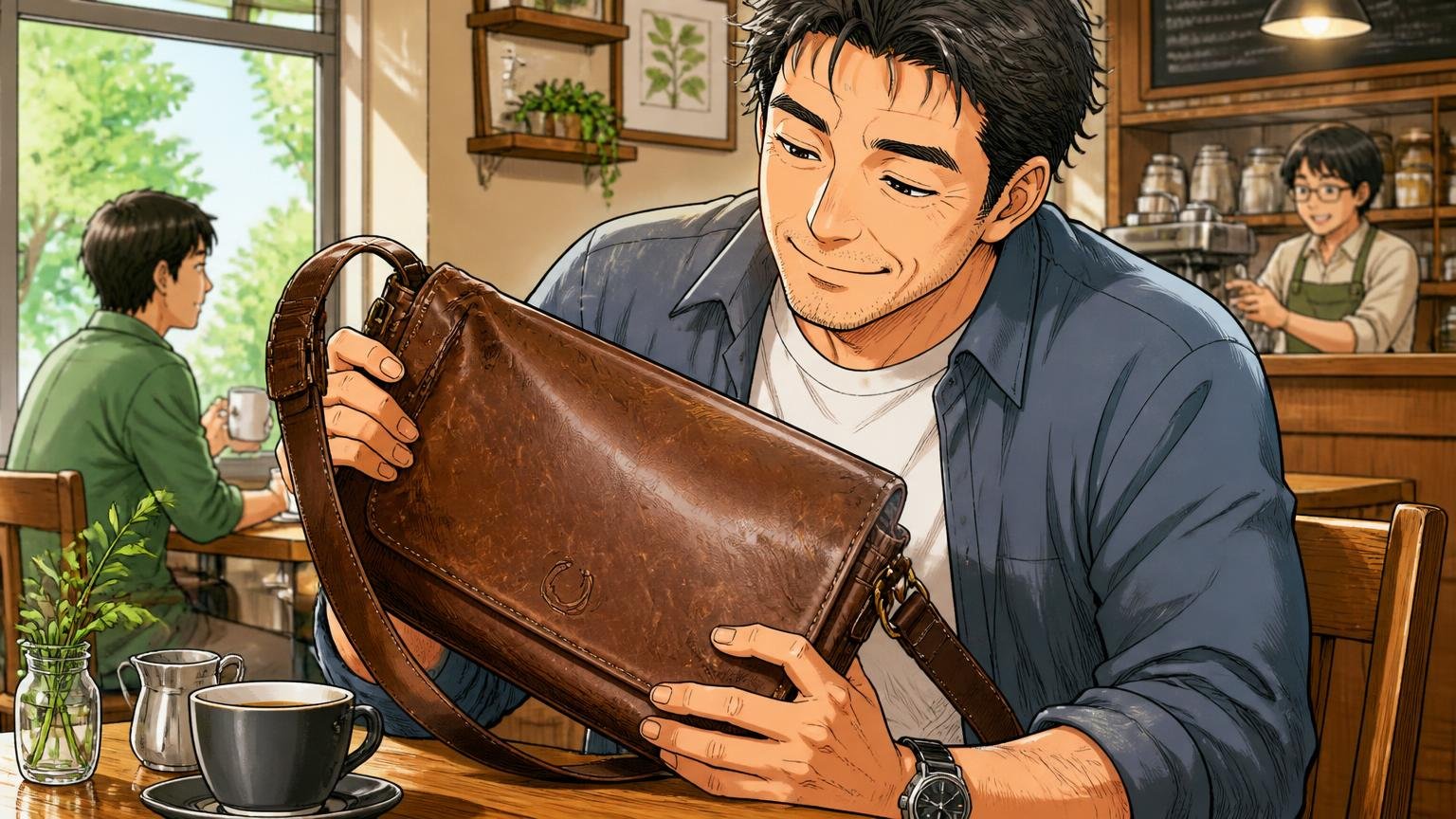 equines(馬革):傷や焼印まで「味」として楽しむシリーズ 休日のカフェで使い込んだ馬革のショルダーバッグを眺める40代男性1人