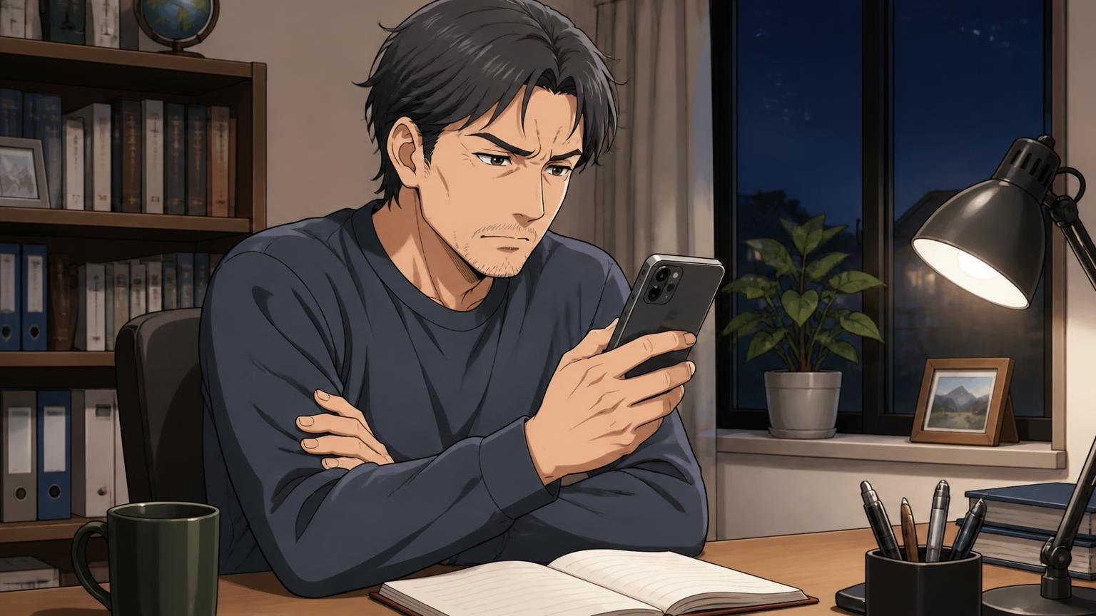 どのシリーズで何年どんな場面で使った声かを見ていない。夜の自宅の書斎でスマホの口コミを読み比べ、腕を組んで考え込む40代男性1人