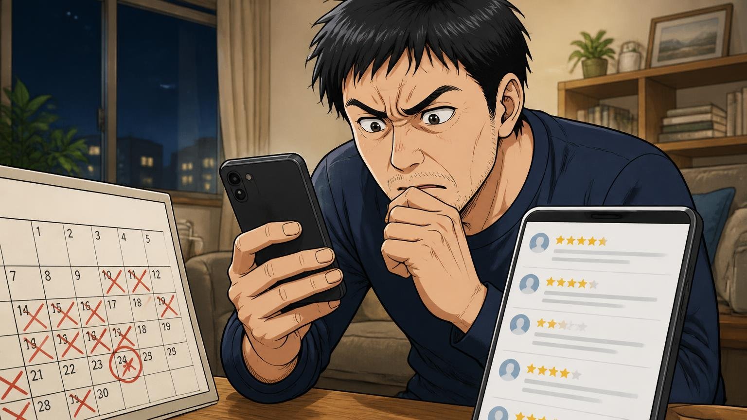 物差し①何年使った人の声か 夜のリビングでスマホの口コミ画面とカレンダーを見比べる場面 40代男性1人が眉間にしわを寄せて画面をのぞき込む