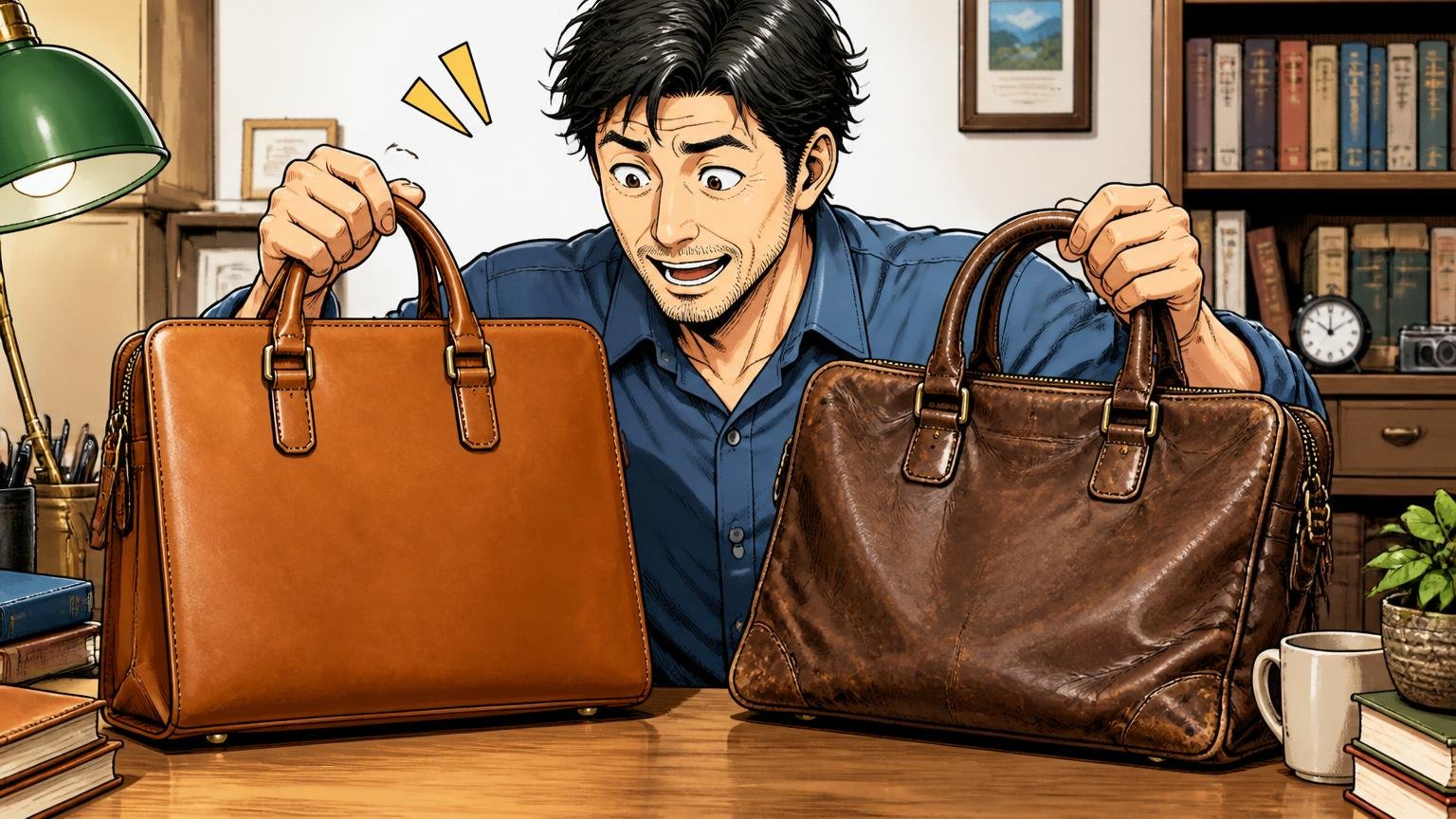 使用年数|買った直後の「硬い」と15年後の「型崩れしない」はどちらも本当、自宅の書斎で新品と使い込んだ2つの革バッグを並べて比べる40代男性1人が納得する場面