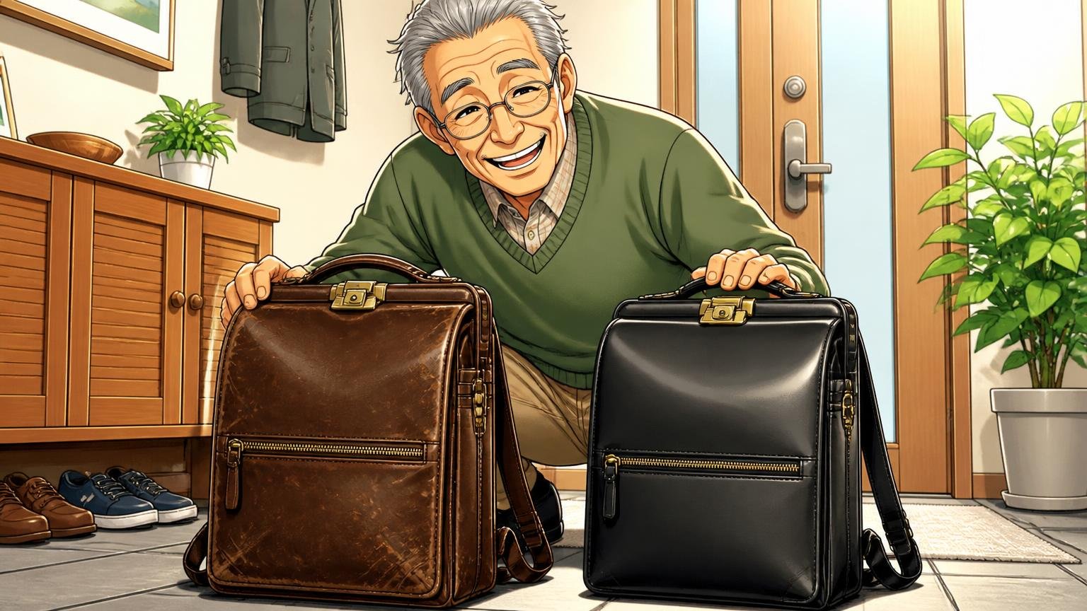 「10年使って2代目を買った」リピーターの声、自宅の玄関で、使い込んだダレス型リュックと新品を並べて60代男性1人が懐かしそうに笑う場面