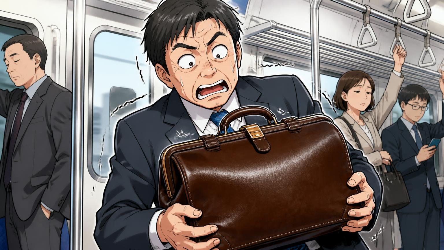 「分かっていても予想以上に重い」という声 通勤電車の車内で重そうな革のダレスバッグを両手で持つ40代男性1人が驚いた表情をする場面