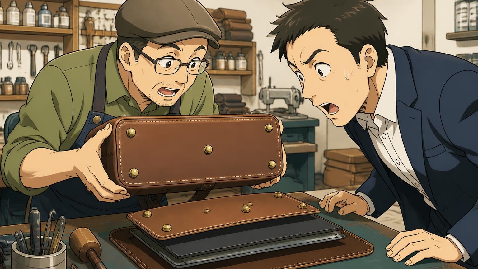 底鋲だけでは立たない。底板・芯材とセットで考える、鞄の修理工房の作業台で、職人が革のビジネスバッグの底を見せ、40代の男性が身を乗り出して驚く場面