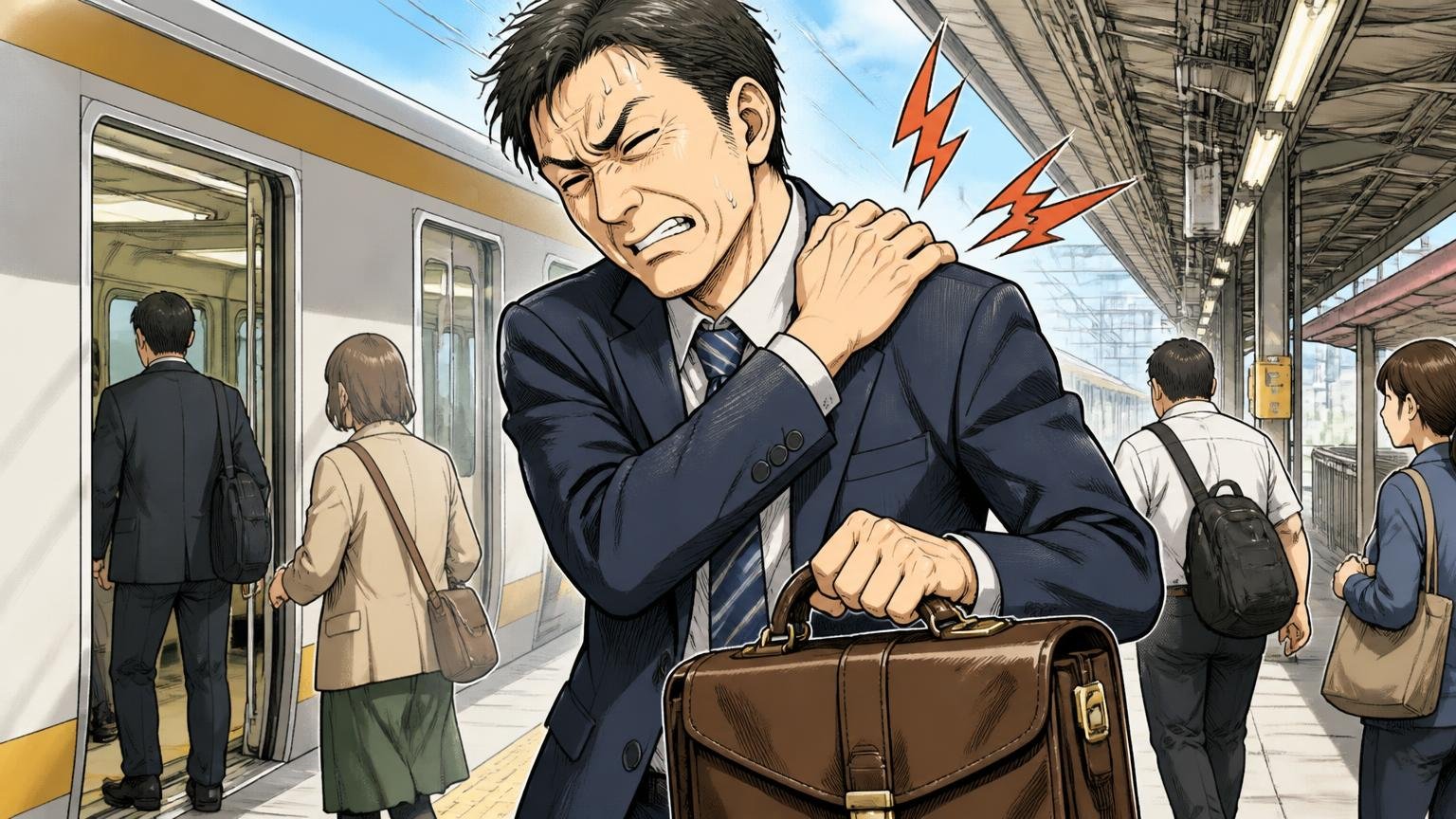 重いという声は本当かモデル別の重さを比べる。駅のホームで重い革のブリーフケースを持ち肩をさする40代男性1人