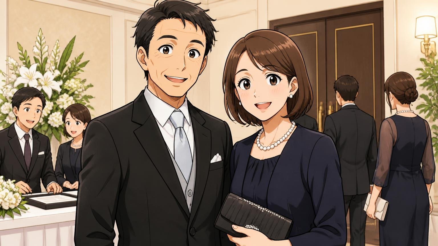 高評価の多くは「年に数回、冠婚葬祭で使う人」の声 結婚式場の受付前で黒いクラッチを持つ40代夫婦2人が笑顔で並ぶ