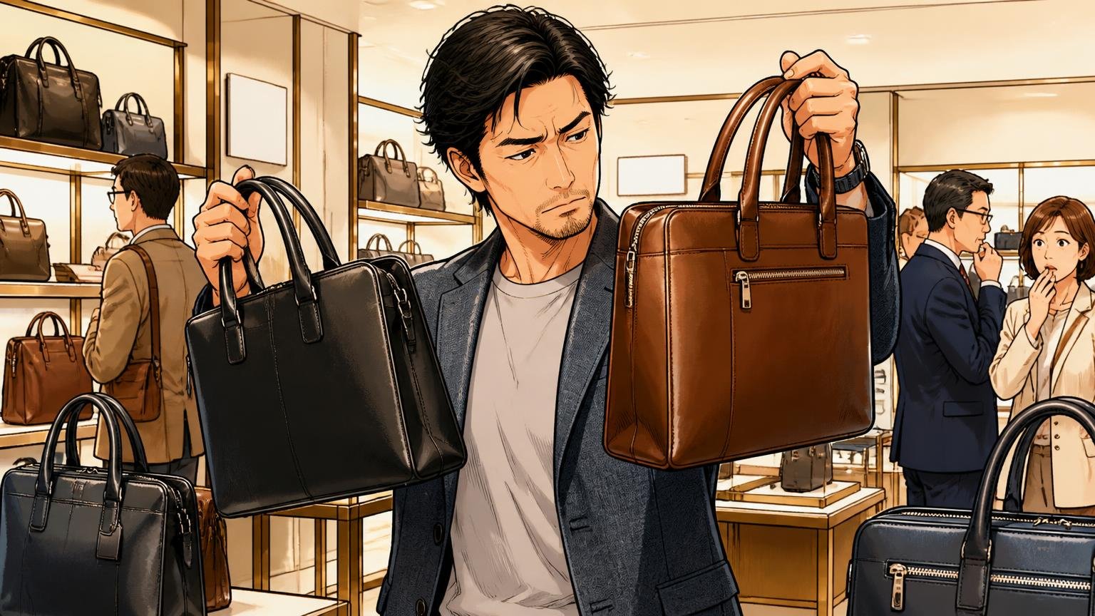 ランバン コレクションは牛革中心・約4.7万〜7.5万円・日本製のモデルが多い 百貨店の鞄売り場で革のバッグを持ち比べる場面 40代男性1人が真剣