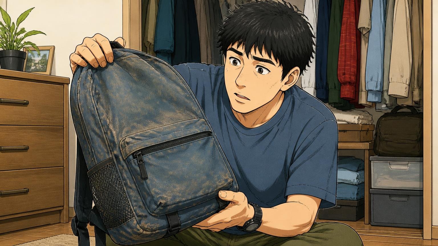 理由①ナイロンは軽くて強いが、数年で表情が変わる、自宅のクローゼットの前で使い込んで色あせたナイロンのリュックを広げる男性1人の場面