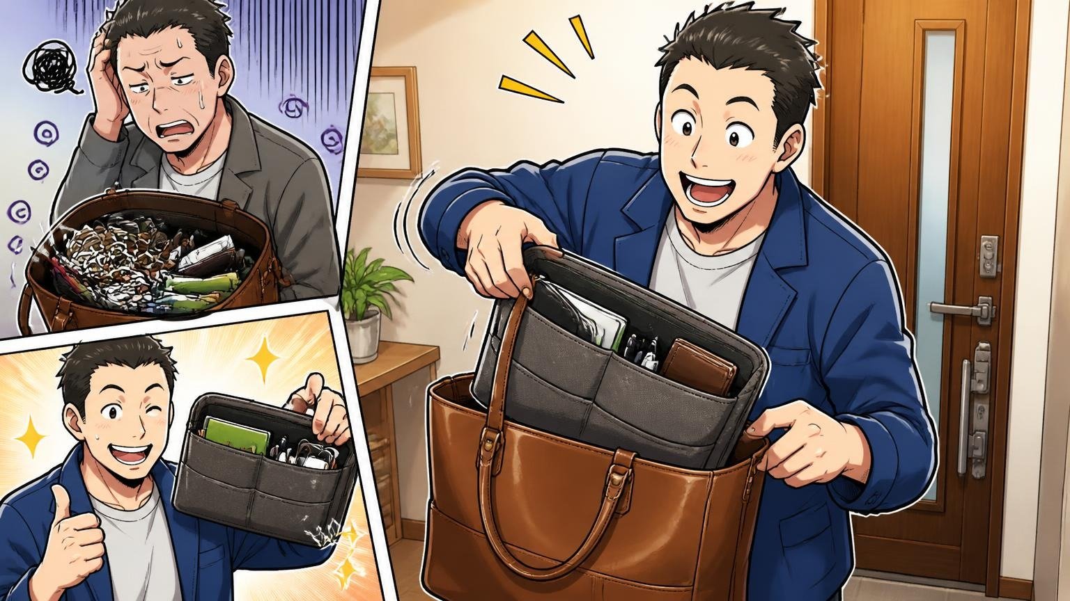 バッグインバッグが向いている人・向いていない人、自宅の玄関で男性がバッグインバッグごと別の革トートへ移し替えて喜ぶ場面