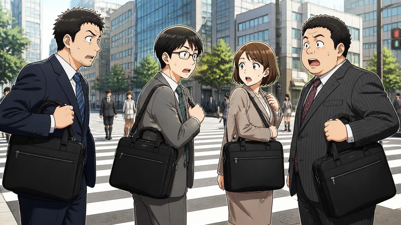 無難すぎて「いかにもビジネスバッグ」に見える 朝のオフィス街の交差点で同じ形の黒いバッグを持つ会社員たちが顔を見合わせる場面、4人