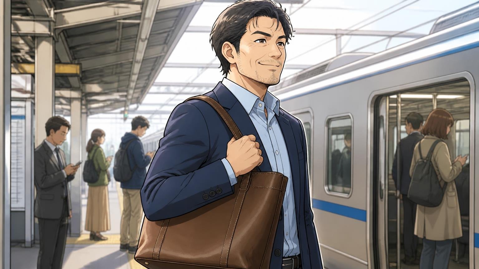 良い口コミ「この値段でこの質感」「スーツでも休日でも使える」 通勤駅のホームで革のトートを肩にかける場面 40代男性1人が満足げに笑う