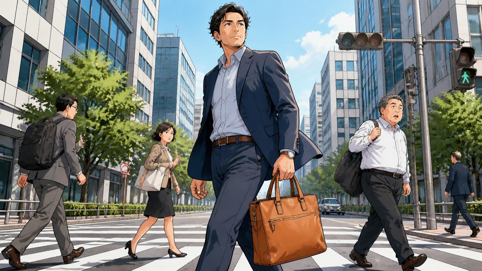【LINE】アンティークレザートート｜A4・PC対応の通勤・ビジネス向け 朝のオフィス街の横断歩道で、キャメルの革トートを手に颯爽と歩く40代男性1人