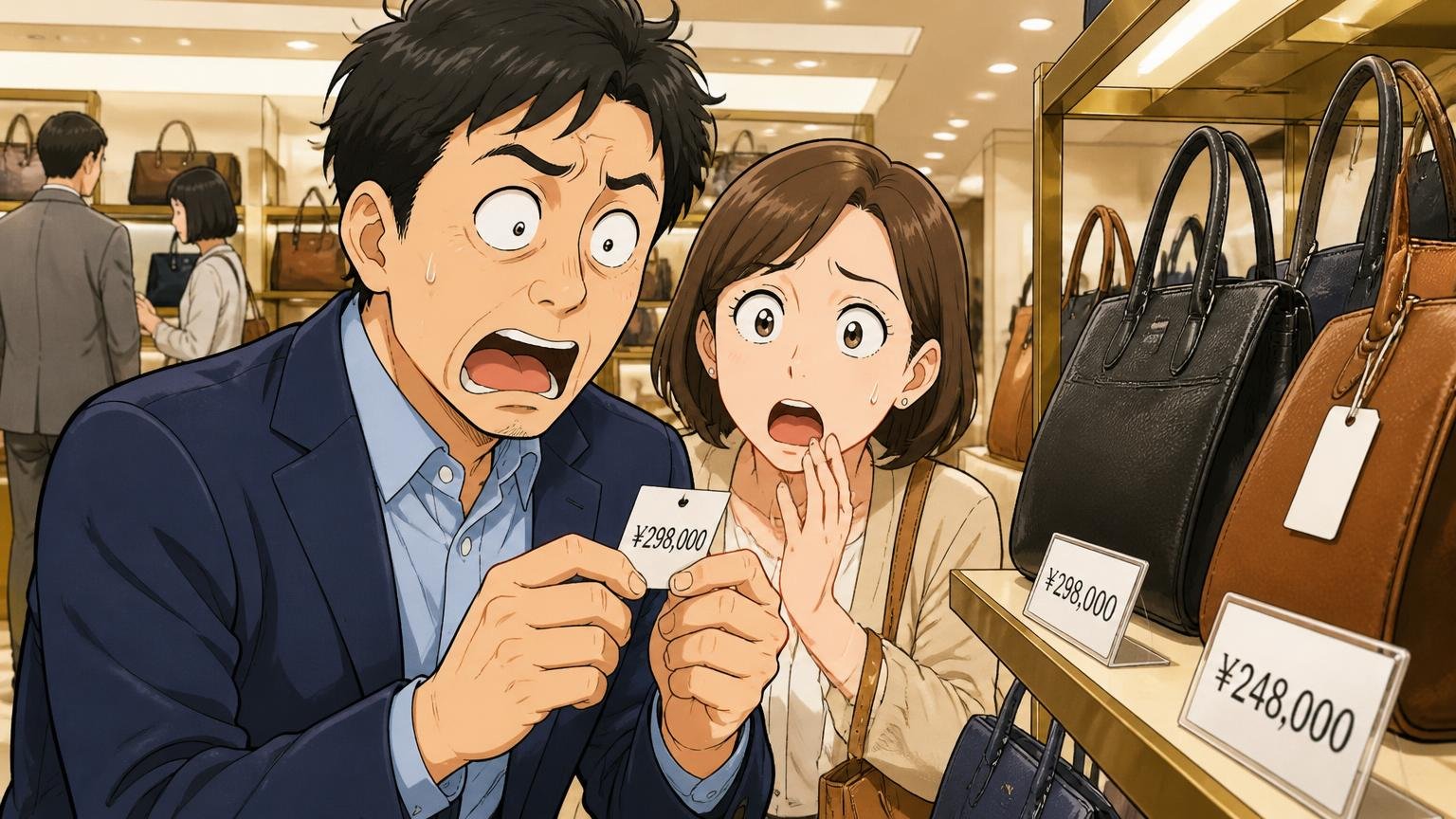 「高すぎた」20万〜30万円台が中心の価格、百貨店の鞄売り場で値札を見て目を丸くする40代男性1人と妻1人