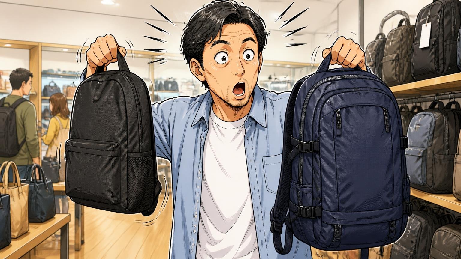 モデルによって重さが500g〜1130gと倍以上違う、バッグ売り場で2つのリュックを両手に持ち比べる40代男性1人が目を丸くする場面