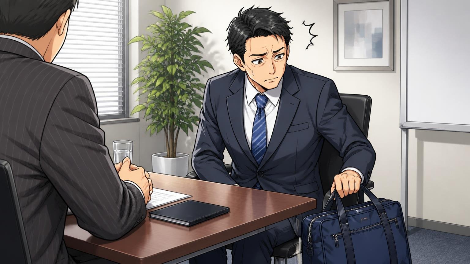 理由①スーツや改まった場面ではカジュアルに見えやすい、会議室で商談相手と向き合うスーツ姿の40代男性1人が足元のナイロンバッグを気にする場面