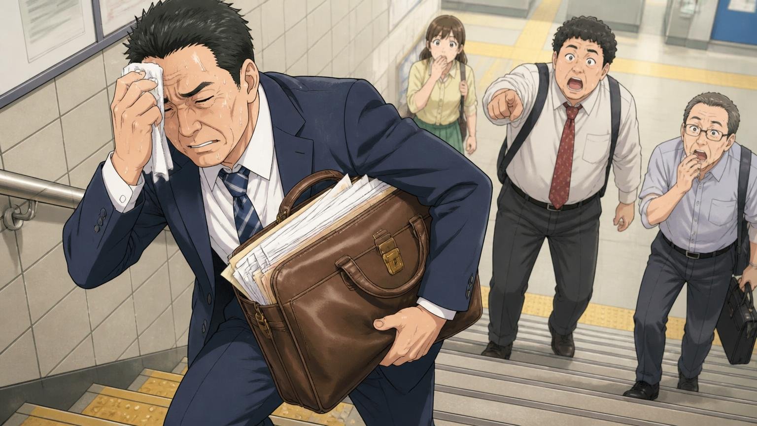 重さを指摘する声。駅の階段で書類の詰まった革のブリーフケースを持ち、汗をぬぐう40代男性1人