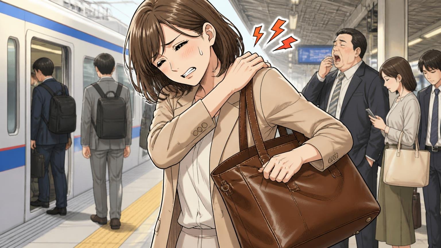 1キロ超えは通勤に重いという重さの声 朝の通勤電車のホームで重い革のバッグを持ち替える30代女性1人が肩をさする場面
